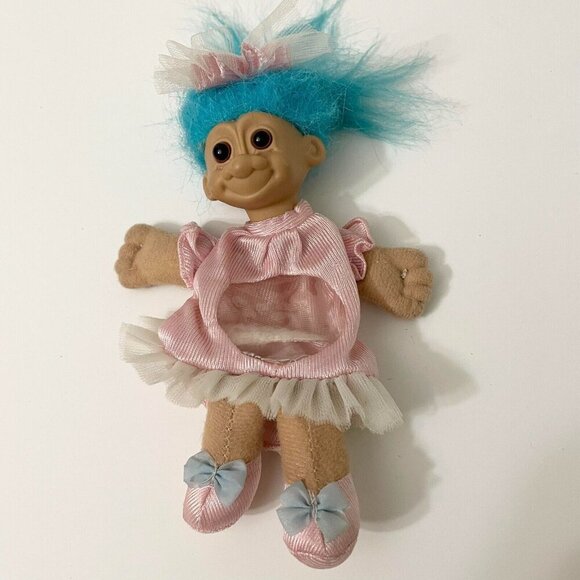 Vtg 1992 Russ Troll Doll Blue Hair Open Bag Stomach Fillable Gift Toy Set 6 Inch - Picture 1 of 16